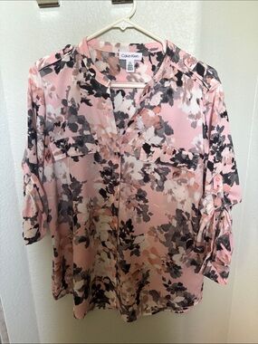 Calvin Klein Pink Gray White and Black Watercolor Floral Blouse